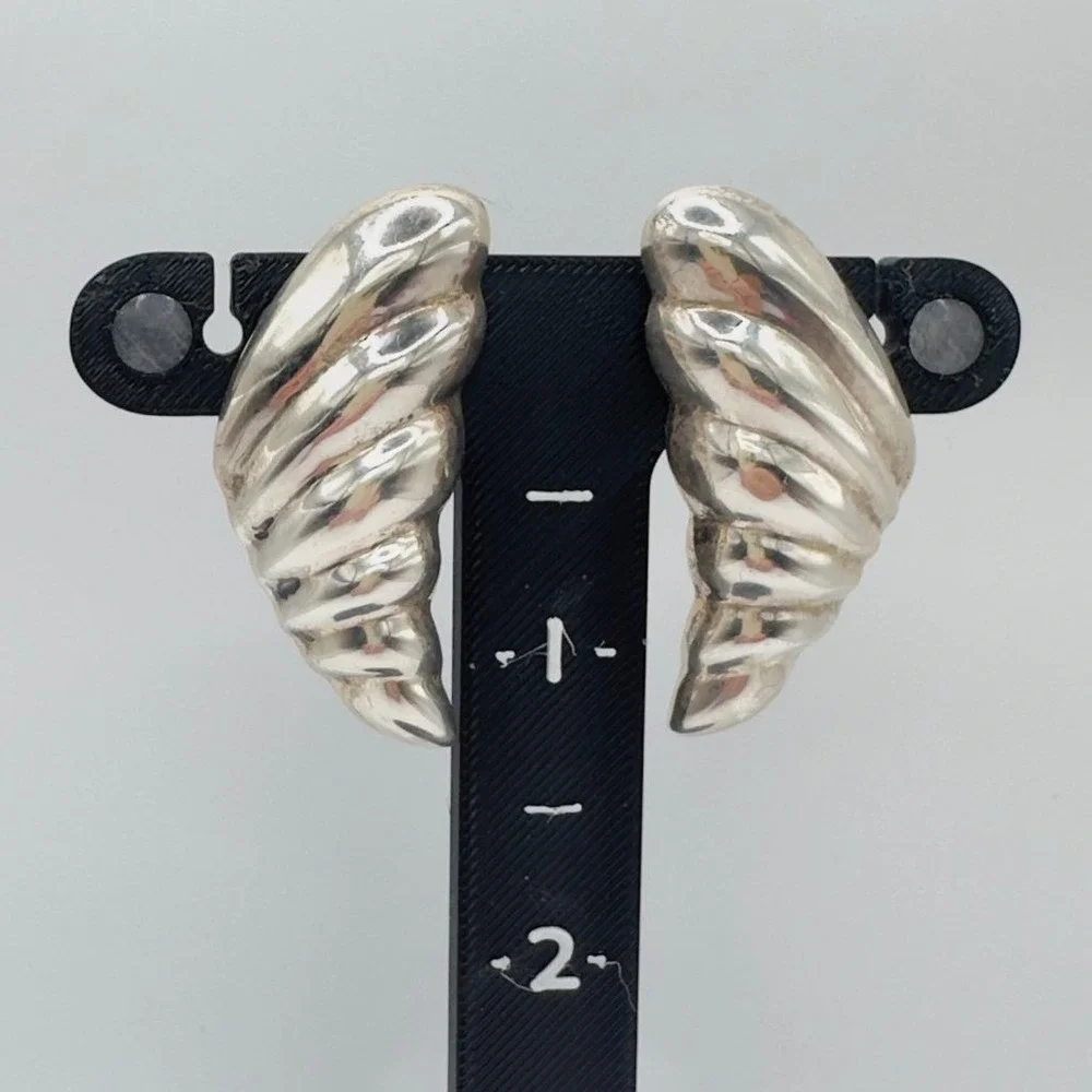 Vintage Sterling Silver Earrings Pierced Puffy Shell Modernist Style 1.75 In 80s